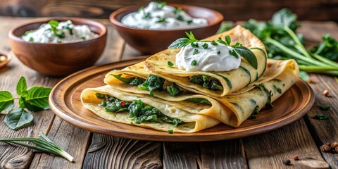 Wall Mural - Crepes with spinach and cottage cheese on a rustic wooden table, topped with a dollop of sour cream and fresh herbs