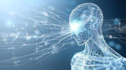 Poster - A dynamic and futuristic visual simulation of pulsing energy waves radiating outward from a sore or painful area of the human neck representing the flow of information power