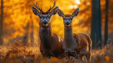 Wall Mural - Two deer stand gracefully in a golden autumn forest, surrounded by vibrant foliage