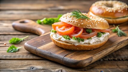 Wall Mural - Crusty bagel with cream cheese and smoked salmon on a wooden cutting board, bagels, cheese