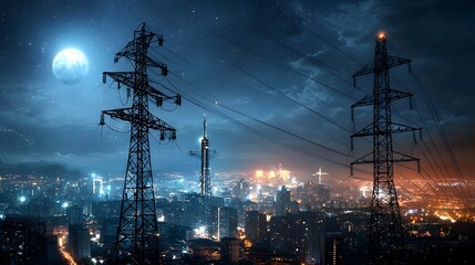 Aufkleber - Alien energy grid harnessing cosmic radiation spanning across a futuristic cityscape at night  Glowing power lines and transmission towers stretch across the illuminated urban landscape