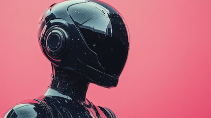 Poster - Futuristic black robot with glossy helmet against pink background, close-up digital artwork. Artificial intelligence and technology concept