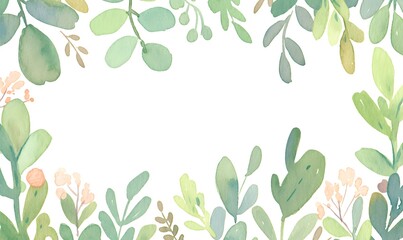 Wall Mural - green leaves snd floret watercolor background invitation template, greeting card, ppt, wedding, gene