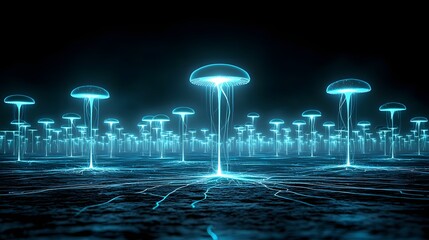 Wall Mural - Captivating image of a surreal alien like landscape where bioluminescent fungi are seen glowing and consuming gamma radiation depicting a unique metabolic process in a fantastical ecosystem