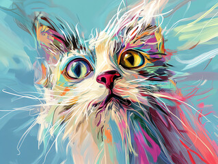  A vibrant, colorful portrait of a cat with expressive eyes and dynamic brush strokes.
