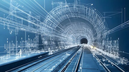 Poster - Detailed blueprint style visualization showcasing different phases of a railway tunnel construction project including the engineering architecture and infrastructure development processes