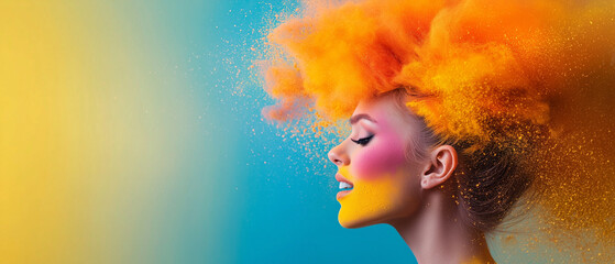 Aufkleber - woman with vibrant orange hair and colorful makeup is captured in profile against gradient background, creating dynamic and artistic visual effect