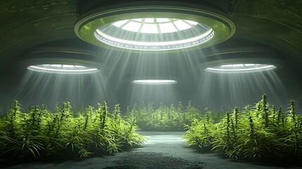 Aufkleber - Futuristic and innovative extraterrestrial agriculture system using advanced light beam technology to cultivate and grow plants in a surreal sci fi inspired landscape
