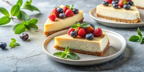 Wall Mural - Creamy cheesecake slices on a modern plate, surrounded by fresh fruit and decorative leaves , table setting