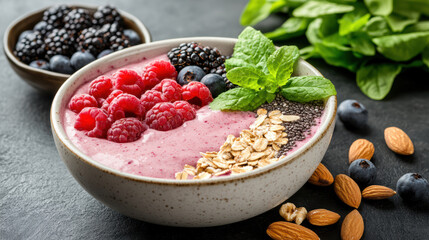 Wall Mural - vibrant smoothie bowl topped with berries, nuts, and seeds