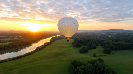 Wall Mural - scenic hot air balloon ride at sunrise over lush green fields and river