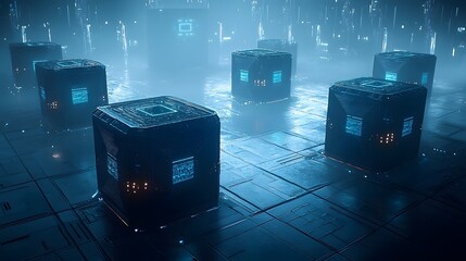 Poster - photo of an advanced alien data storage system featuring crystalline matrices and shifting holographic displays  The futuristic structure glows with a blue ethereal energy