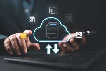 Poster - Businessman using laptop and dashboard for data management with computer showcasing a cloud-based documentation system for efficient digital file storage,online documentation technology