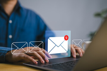Aufkleber - Businessman using laptop with email. Business email communication in the digital age new messages and alerts. Inbox with email Marketing Strategy and Notifications. internet technology.