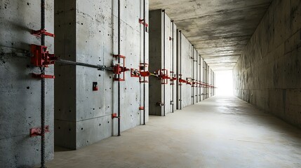 Leinwandbilder - photograph showcasing the interior of a tunnel with concrete walls being reinforced by automated bolting machines in This industrial scene captures the intricate machinery and technology utilized in