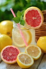 Wall Mural - Refreshing Citrus Lemonade in Mason Jar with Fresh Lemons and Grapefruit