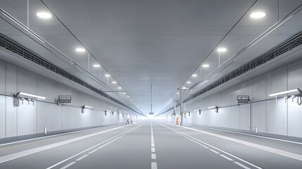 Poster - Technical depicting the detailed electrical and signaling systems being installed within a modern underground railway tunnel  The image showcases the complex network of wires cables conduits