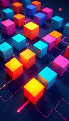Array of colorful cubes on a grid with mathematical lines, modern technology concept, digital art, concept, modern technology, grid
