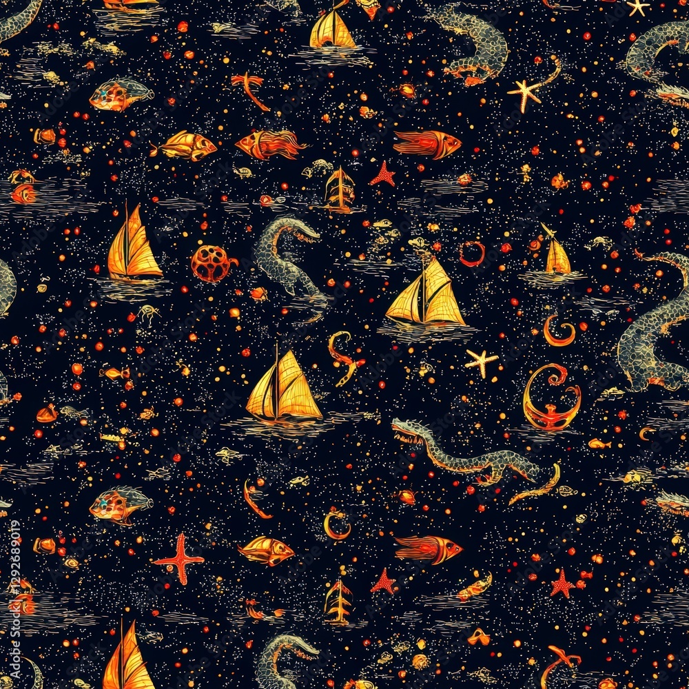 Patterned Sails Detailed and engaging pattern featuring a variety of boats, sails, and ...