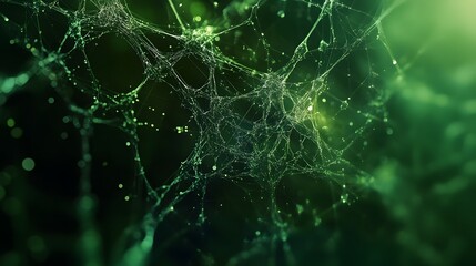 close-up shot of a spiderweb illuminated with a green glow, showcasing intricate details and delicate patterns