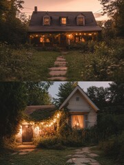 Aufkleber - Contrast between an abandoned house overtaken by nature and a beautifully restored cottage glowing with warm lights at dusk. Generative AI
