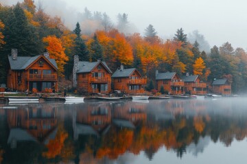 Leinwandbilder - Cabins by the lake reflect vibrant autumn colors in a serene and foggy landscape during the fall season. Generative AI