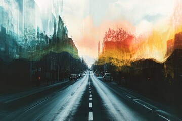 Poster - Busy urban road with abstract sound waves visualized above during a cloudy day. Generative AI