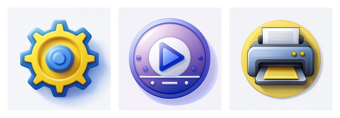 Glossy icons depict settings gear, play button, and printer. Yellow, blue, and purple elements suggest digital interface or application tools.