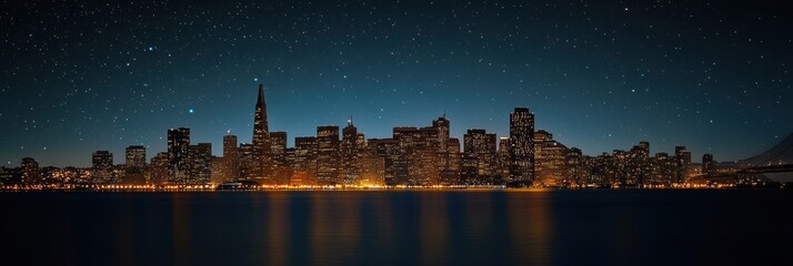 Aufkleber - City skyline glowing at night with lights and stars illuminating the skyline over the water. Generative AI