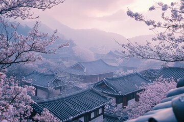 Poster - Blossoming cherry trees surround traditional Korean houses in a serene countryside setting during springtime at dusk. Generative AI