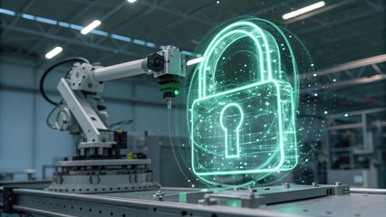 ot security defense. a robotic arm presents a glowing digital padlock symbol, representing cybersecu
