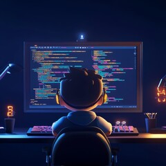 Leinwandbilder - Developer at Work: A Cartoon Character Codes in a Dark Room with Glowing Lights
