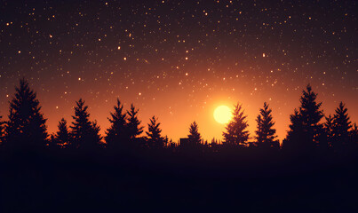Serene sunset over a silhouetted forest, showcasing a vibrant orange sky filled with stars.  Perfect for backgrounds or peaceful imagery.