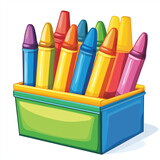 Blue and green box filled with large, colorful crayons in shades of red, yellow, purple, and blue, isolated on white background, symbolizing creativity and childhood fun