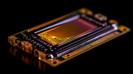 close-up of a microchip displaying iridescent colors against a dark backdrop, ideal for tech blogs o