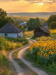 Poster - Scenic countryside path lined with sunflowers at sunset in a tranquil rural setting. Generative AI