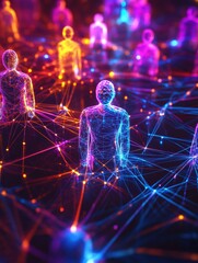 Poster - Futuristic digital network visualization featuring colorful 3D avatars connected by glowing neon lines. Generative AI