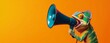 © Spot Decor - Chameleon with Megaphone 3D Render, Orange Background, Announcement Concept, Marketing, Advertising Marketing, Advertising