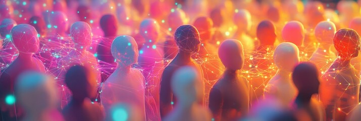 Fototapete - Colorful avatars interconnected by glowing lines represent digital social media interaction and online connectivity. Generative AI