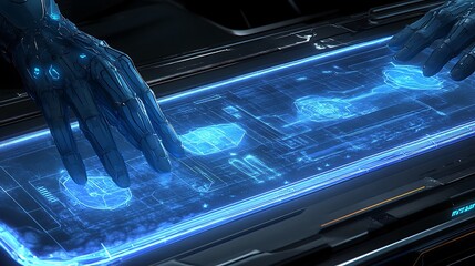 Futuristic hands interacting with a glowing digital interface screen