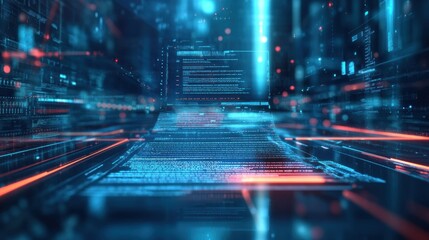 Leinwandbilder - Abstract digital landscape featuring flowing data streams and vibrant neon lights depicting technology in motion. Generative AI