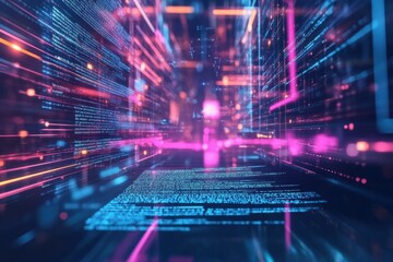 Fototapete - Dynamic visualization of data streams in a technology inspired abstract environment with vibrant colors and lines. Generative AI