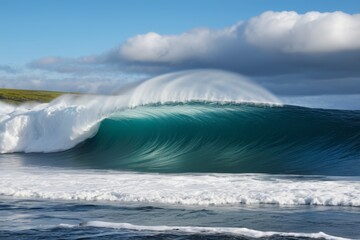 Wall Mural - surfers are riding a large wave in the ocean on a sunny day