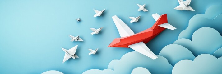 Aufkleber - Red and white airplane leads smaller paper planes in a stunning blue sky showcasing leadership and direction. Generative AI