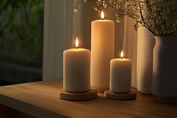 Wall Mural - Three Elegant Candles on a Wooden Table