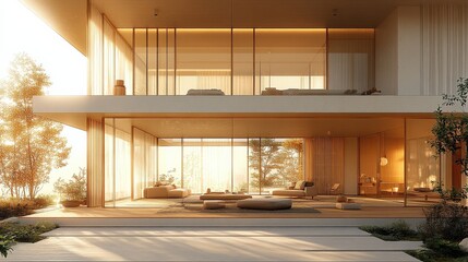 Wall Mural - Modern architectural design featuring a spacious, sunlit living area with minimalist decor