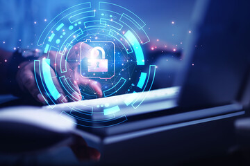 cybersecurity concept business man shows how to protect cyber technology network from attack by hack