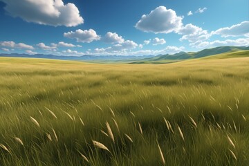 Wall Mural - grassy field with a few clouds in the sky and a mountain in the distance