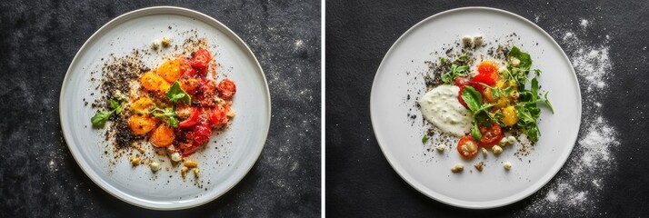 Aufkleber - Gourmet salad with heirloom tomatoes, herbs, and creamy dressing on a black stone background in a well lit setting. Generative AI