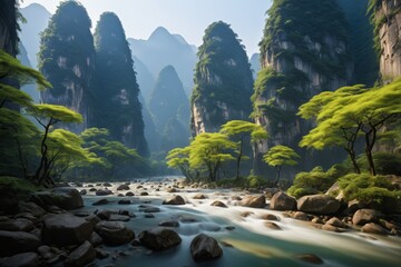 Wall Mural - mountains and trees are in the background of a river